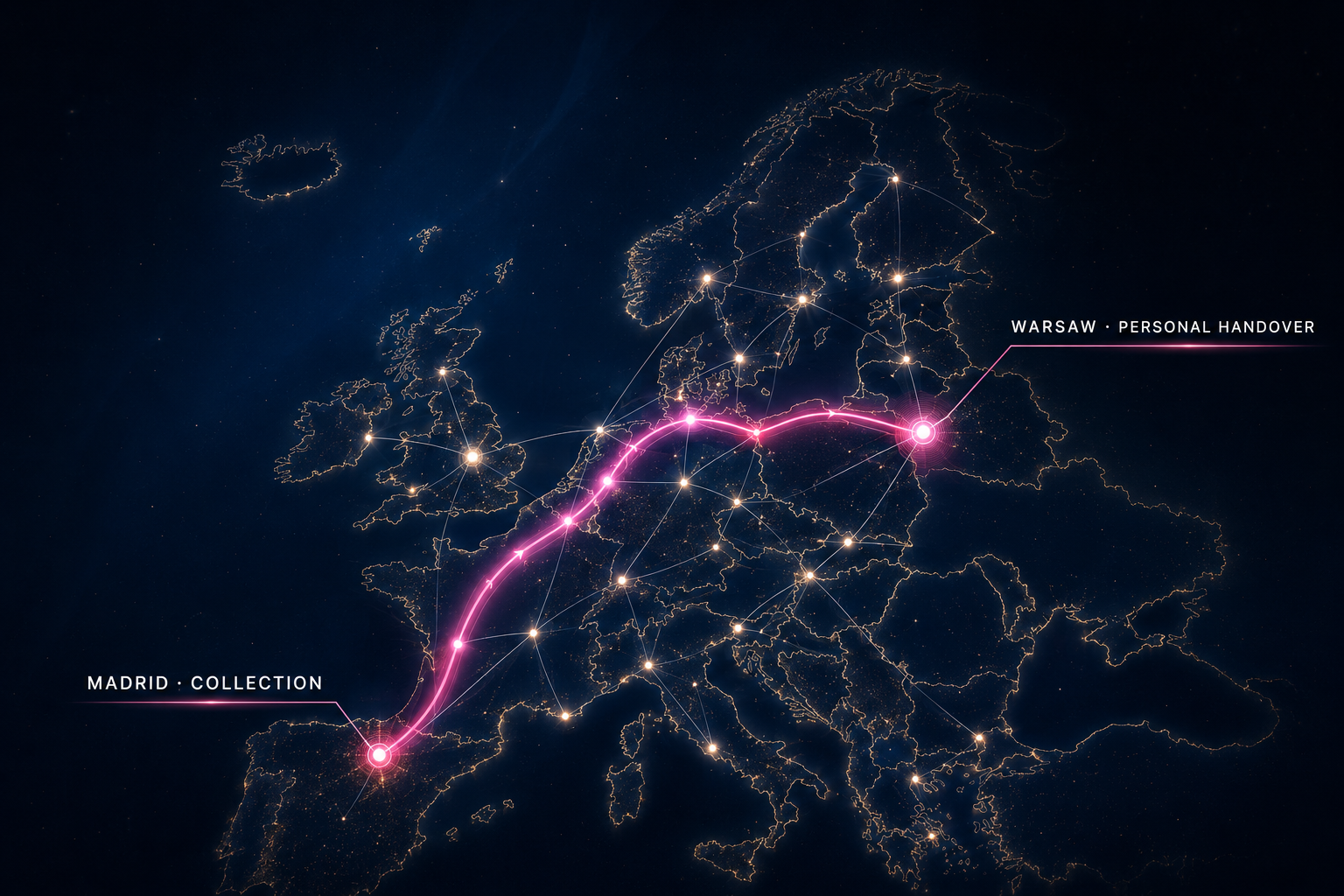 Illuminated night map of Europe showing a direct road route from collection in Madrid to personal handover in Warsaw, with connected European cities.